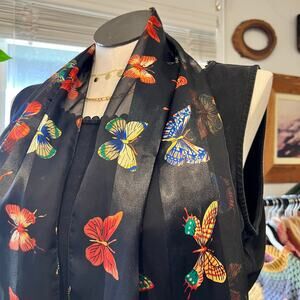 Black Silky Sheer Multi Colored Butterfly Print Scarf Wrap Women's
